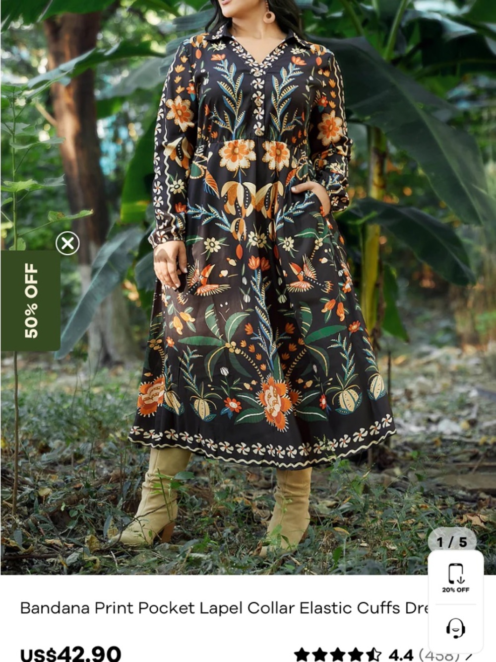 BloomChic Black Floral Midi Dress with Orange & Green Accents